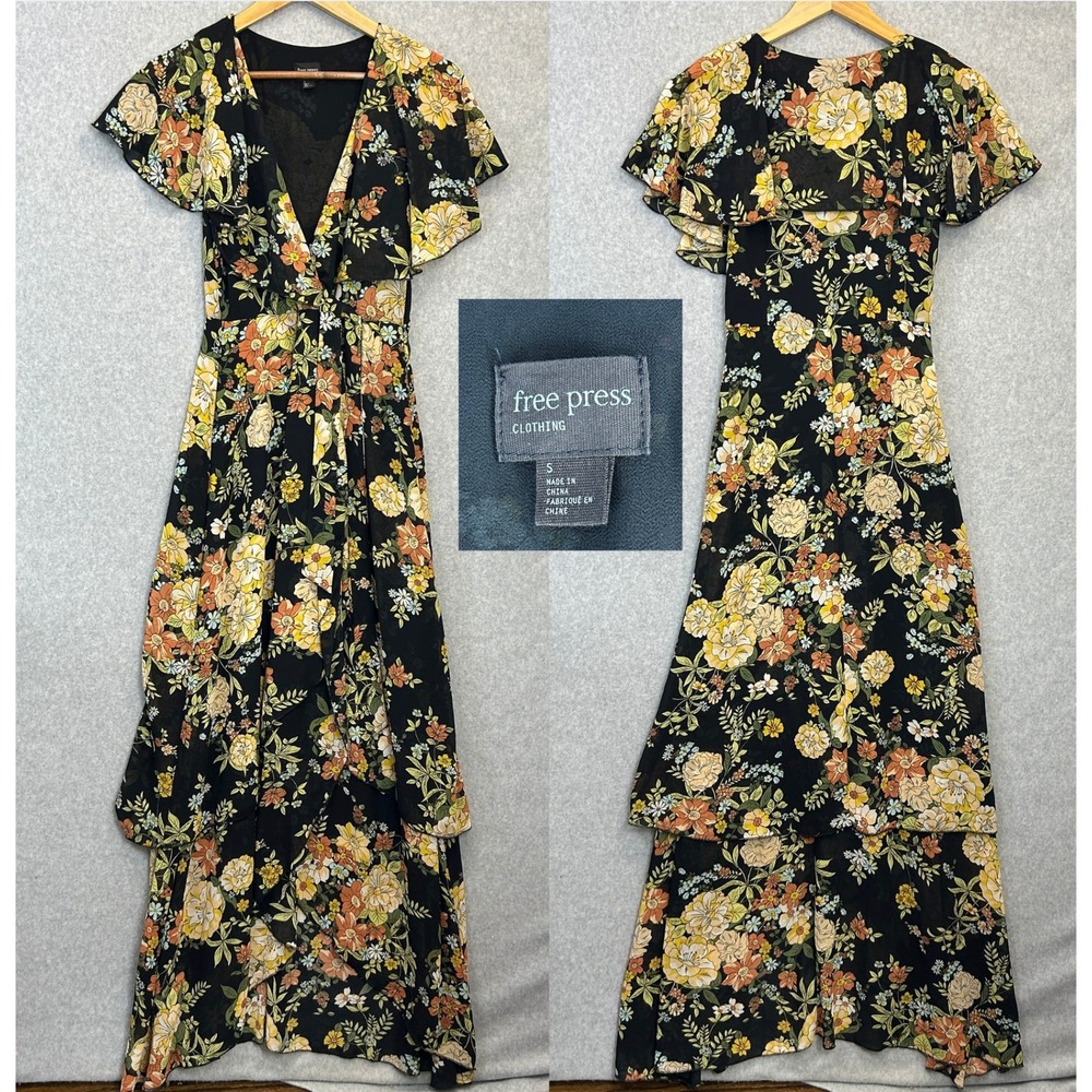 Free Press Size Small Maxi Dress Black Dark Floral Flutter Sleeve Garden Party